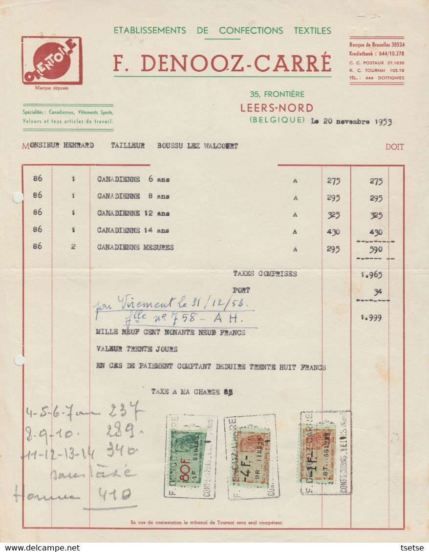 Facture - F. Denooz-Carré -  Confections Textiles  - Leers-Nord - 1953 - Artesanos