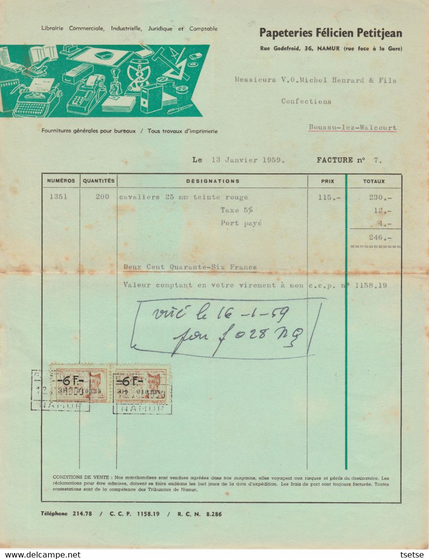 Facture - Félicien Petijean - Papeterie - Namur - 1959 - Straßenhandel Und Kleingewerbe