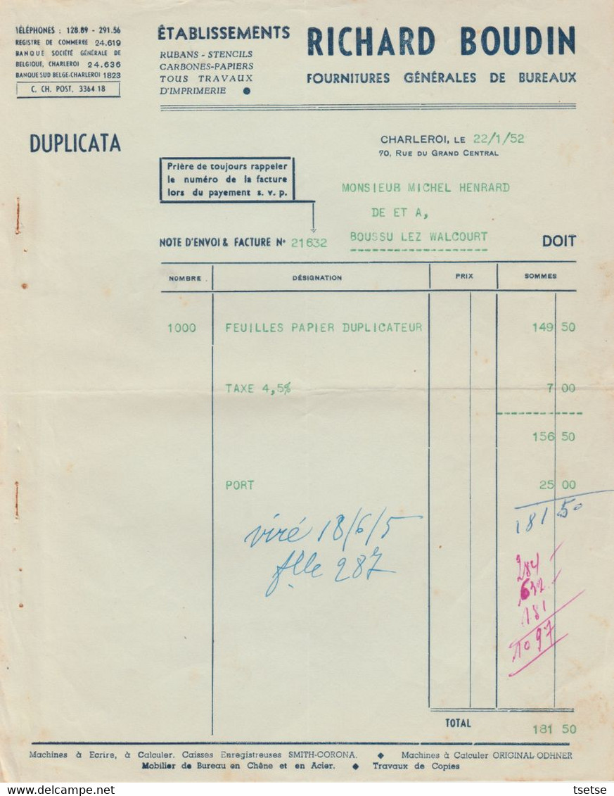 Facture - Etablissements Richard Boudin - Fournitures Générales De Bureaux - Charleroi - 1952 - Old Professions