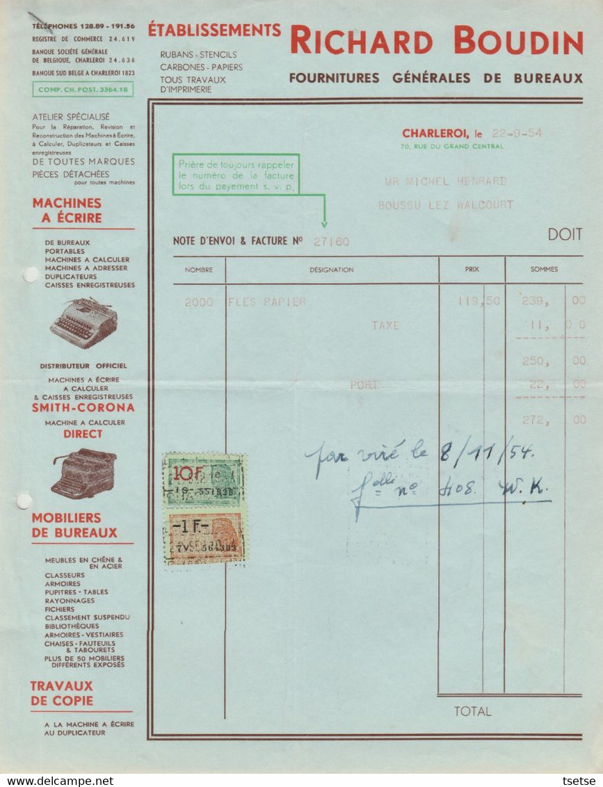 Facture - Etablissements Richard Boudin - Fournitures Générales De Bureaux - Charleroi - 1954 - Artesanos
