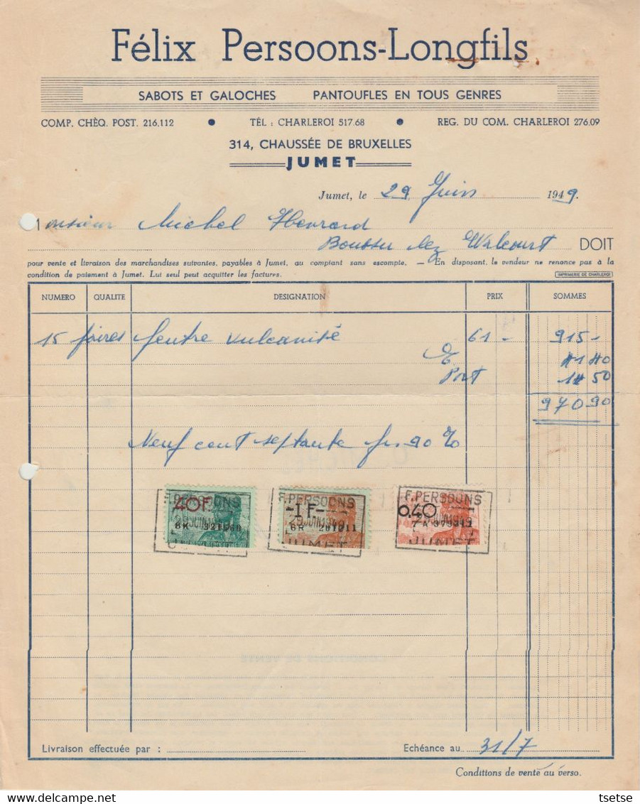 Facture - Félix Persoons-Longfils - Sabots Et Galoches , Pantoufles - Charleroi - 1949 - Ambachten