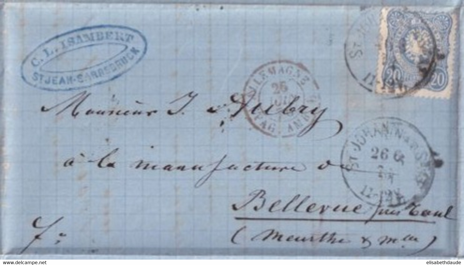 1876 - ENTREE ALLEMAGNE PAGNY AMBULANT E - LETTRE De ST JOHANN A.D. SAAR / ST JEAN SARREBRUCK => BELLEVUE (MEURTHE) - Marques D'entrées