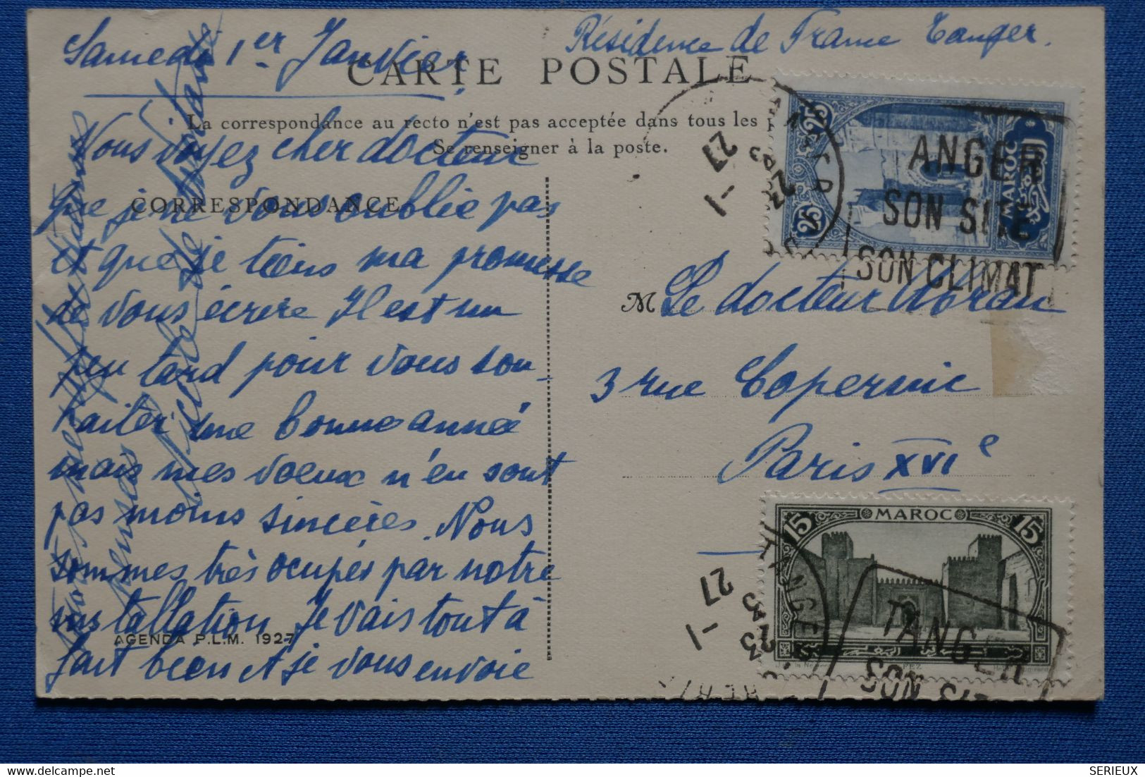 W3 MAROC BELLE CARTE  1927 TANGER  POUR PARIS + TOUR HASSAN + AFF. INTERESSANT - Storia Postale