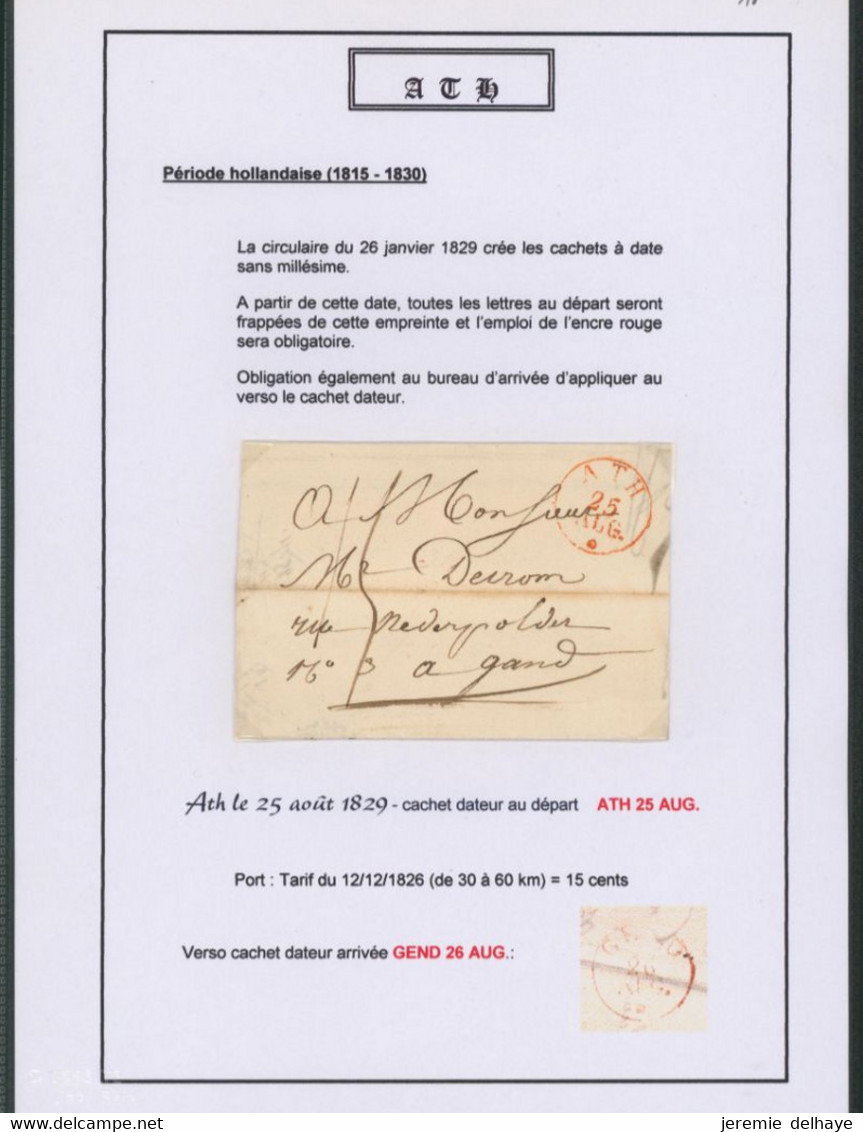 Précurseur - LAC Datée De Ath (1829) + Cachet Dateur à Perles S.C. (Type 11), Port 15 Cents > Gand (Verso T11) - 1815-1830 (Periodo Holandes)
