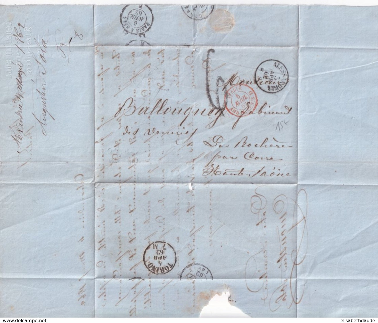 1862 - ENTREE ITALIE Par AMBULANT MONT CENIS - LETTRE De ALESSANDRIA => CORRE (HAUTE SAONE) - Entry Postmarks