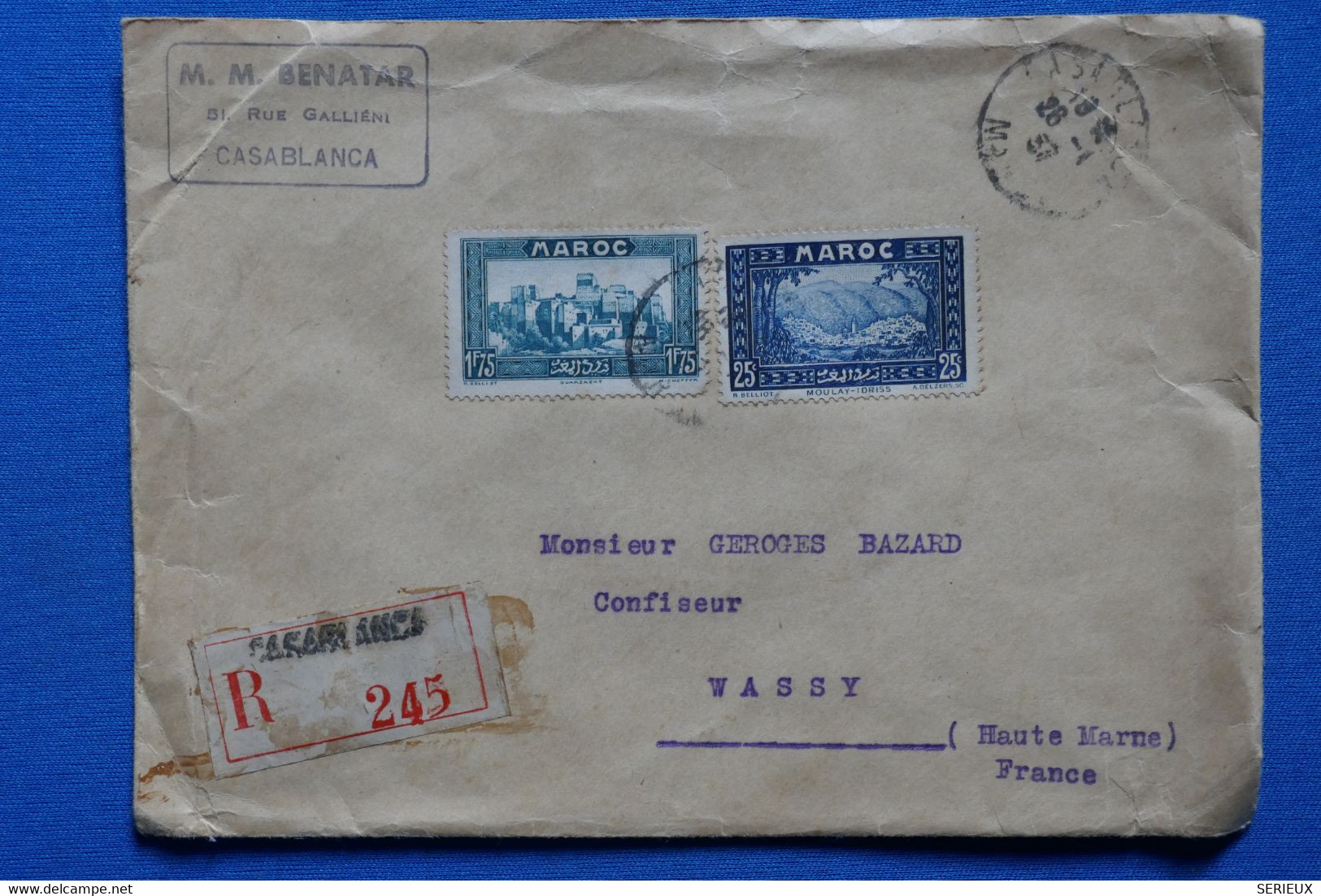 W3 MAROC BELLE LETTRE RECOM.  1937 CASABLANCA POUR WASSY + CACHET CIRE+ AFF. INTERESSANT - Covers & Documents