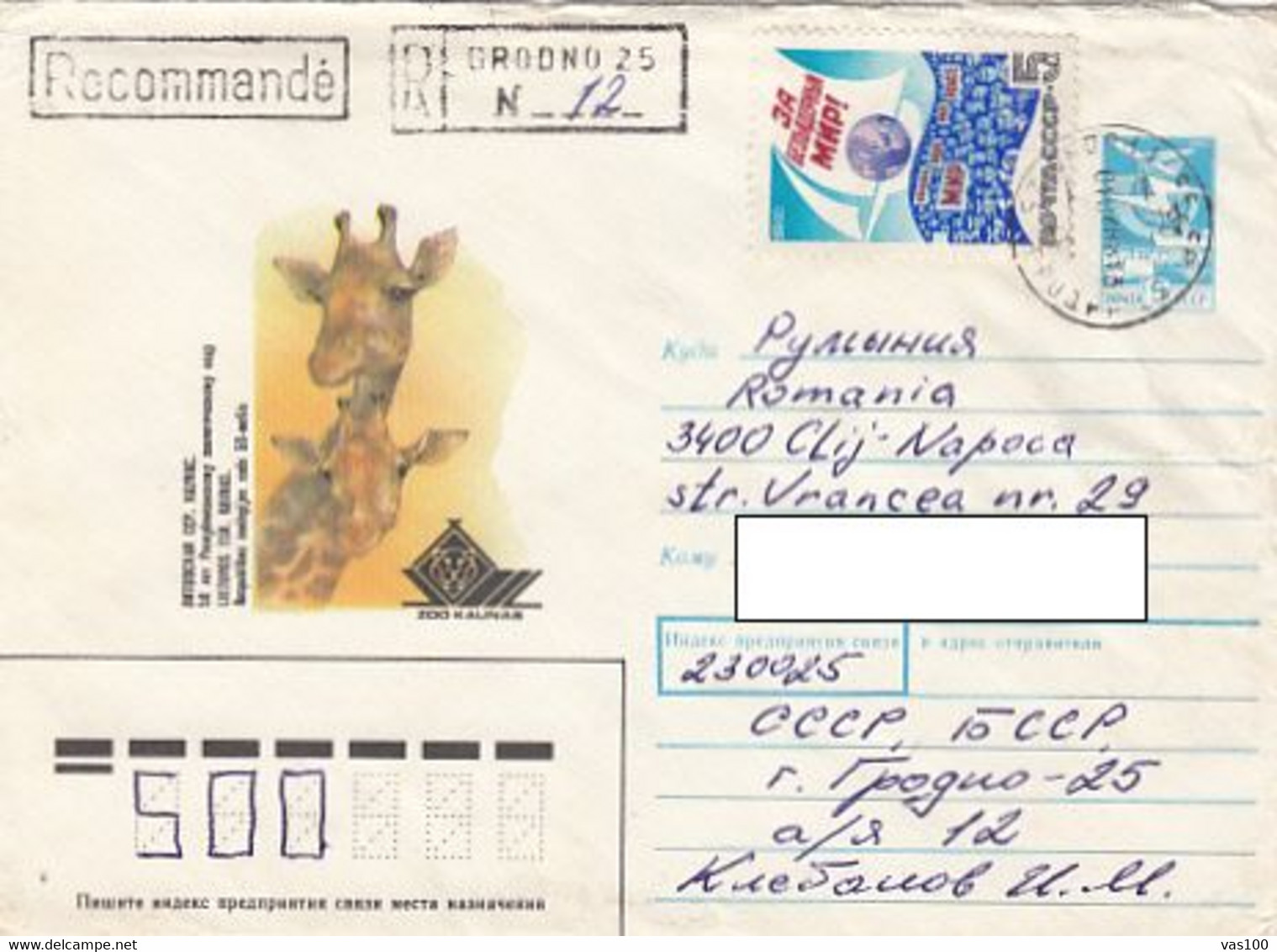 ANIMALS, MAMMALS, GIRAFFES, REGISTERED COVER STATIONERY, ENTIER POSTAL, 1988, RUSSIA - Giraffes