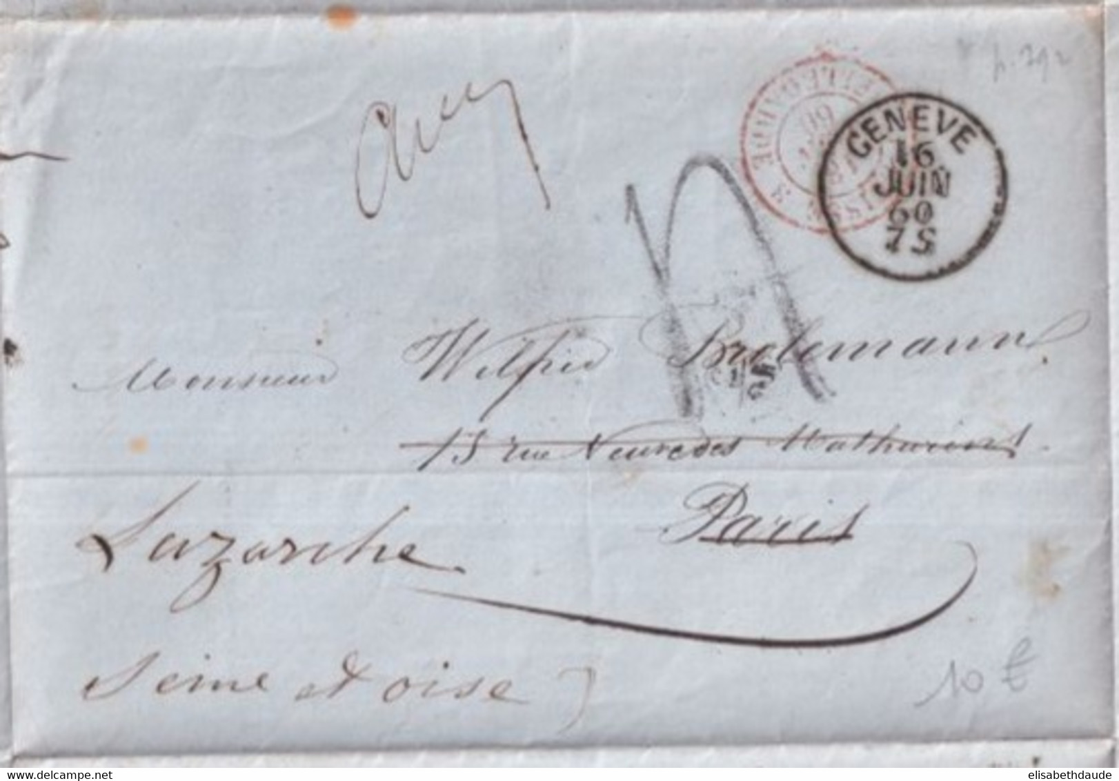 1860 - ENTREE SUISSE Par BELLEGARDE 3 - LETTRE De GENEVE => PARIS READRESSEE => LUZARCHES - Marques D'entrées