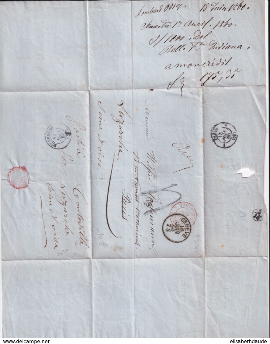 1860 - ENTREE SUISSE Par BELLEGARDE 3 - LETTRE De GENEVE => PARIS READRESSEE => LUZARCHES - Entry Postmarks