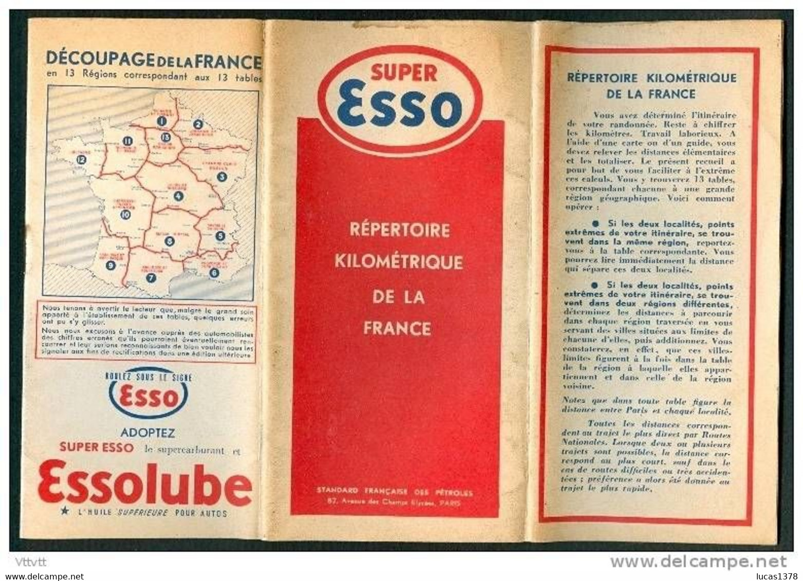 ESSO : Ancien Répertoire Kilometrique De La France, 13 Régions De La France En Tableau Individuel (17 Cm Sur 25 Cm) - Cartes Routières