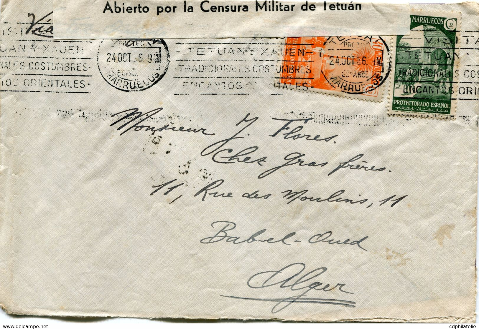 MAROC ESPAGNOL LETTRE CENSUREE DEPART TETUAN 24 OCT 36 MARRUECOS POUR L'ALGERIE - Spanisch-Marokko