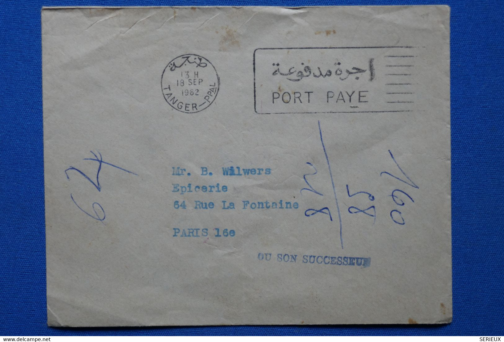 W3 MAROC BELLE LETTRE  1962 TANGER  POUR PARIS XVI +PORT PAYE + AFF. INTERESSANT - Covers & Documents