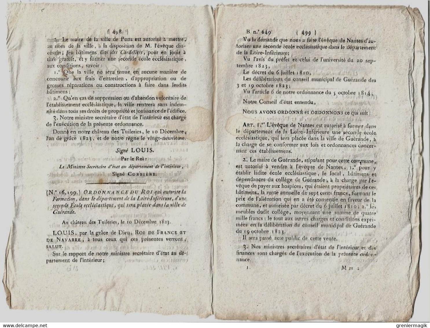 Bulletin Des Lois N°649 1824 Bovis-Beauvoisin Guadeloupe/Ecole Ecclésiastique/Prix Poudres/Lambrechts/Roussel D'Hurbal - Décrets & Lois