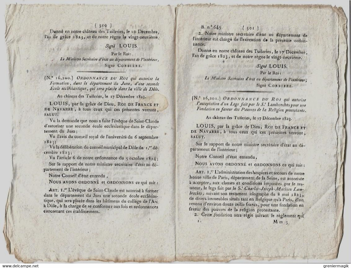 Bulletin Des Lois N°649 1824 Bovis-Beauvoisin Guadeloupe/Ecole Ecclésiastique/Prix Poudres/Lambrechts/Roussel D'Hurbal - Décrets & Lois
