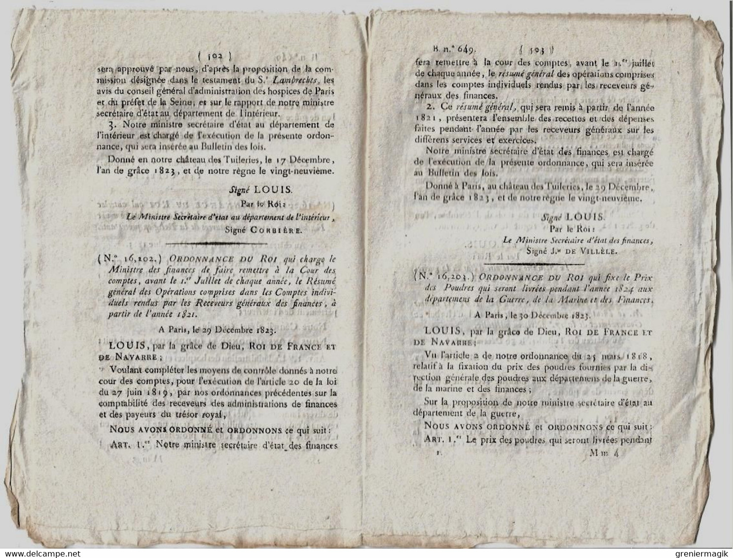 Bulletin Des Lois N°649 1824 Bovis-Beauvoisin Guadeloupe/Ecole Ecclésiastique/Prix Poudres/Lambrechts/Roussel D'Hurbal - Décrets & Lois