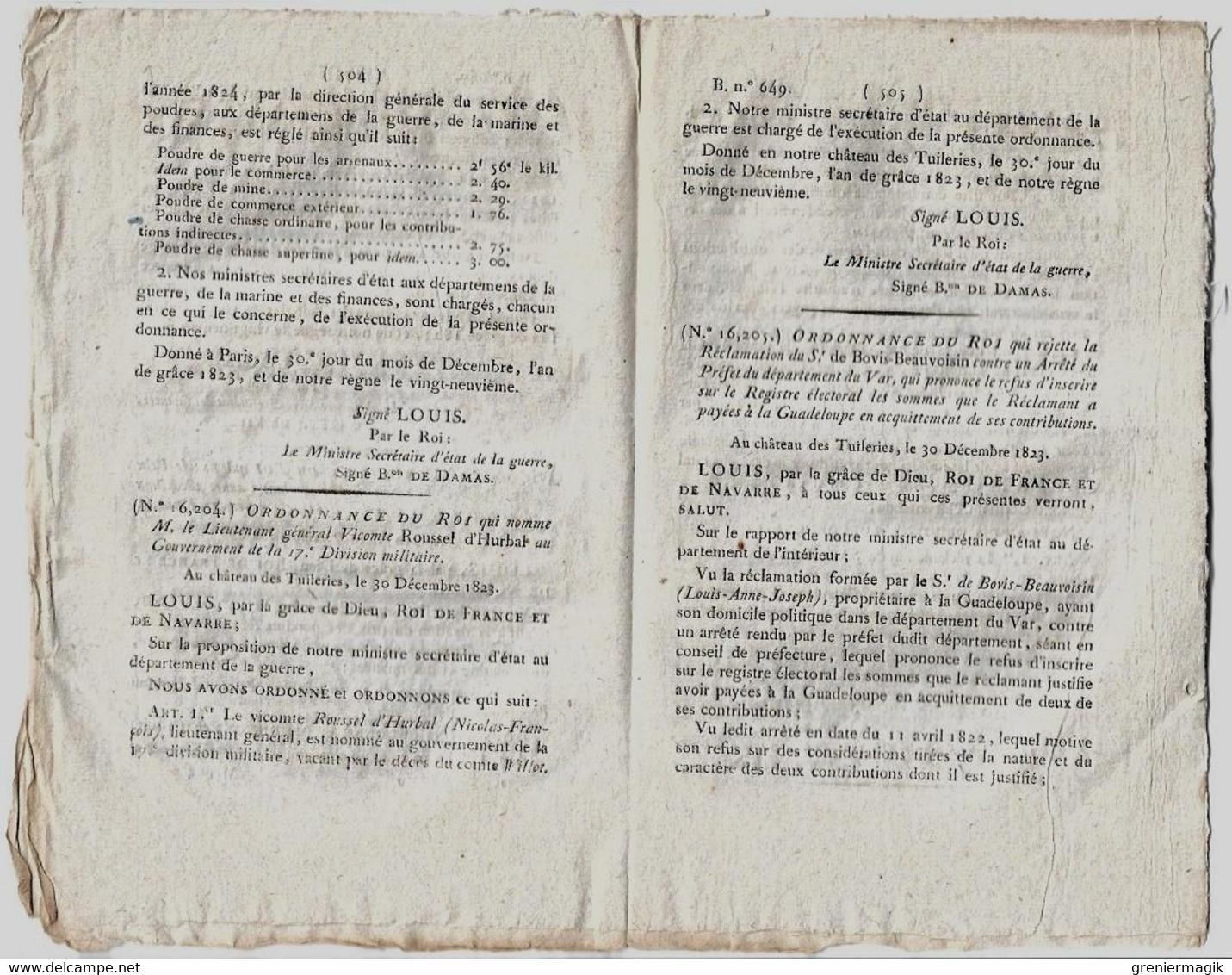 Bulletin Des Lois N°649 1824 Bovis-Beauvoisin Guadeloupe/Ecole Ecclésiastique/Prix Poudres/Lambrechts/Roussel D'Hurbal - Décrets & Lois