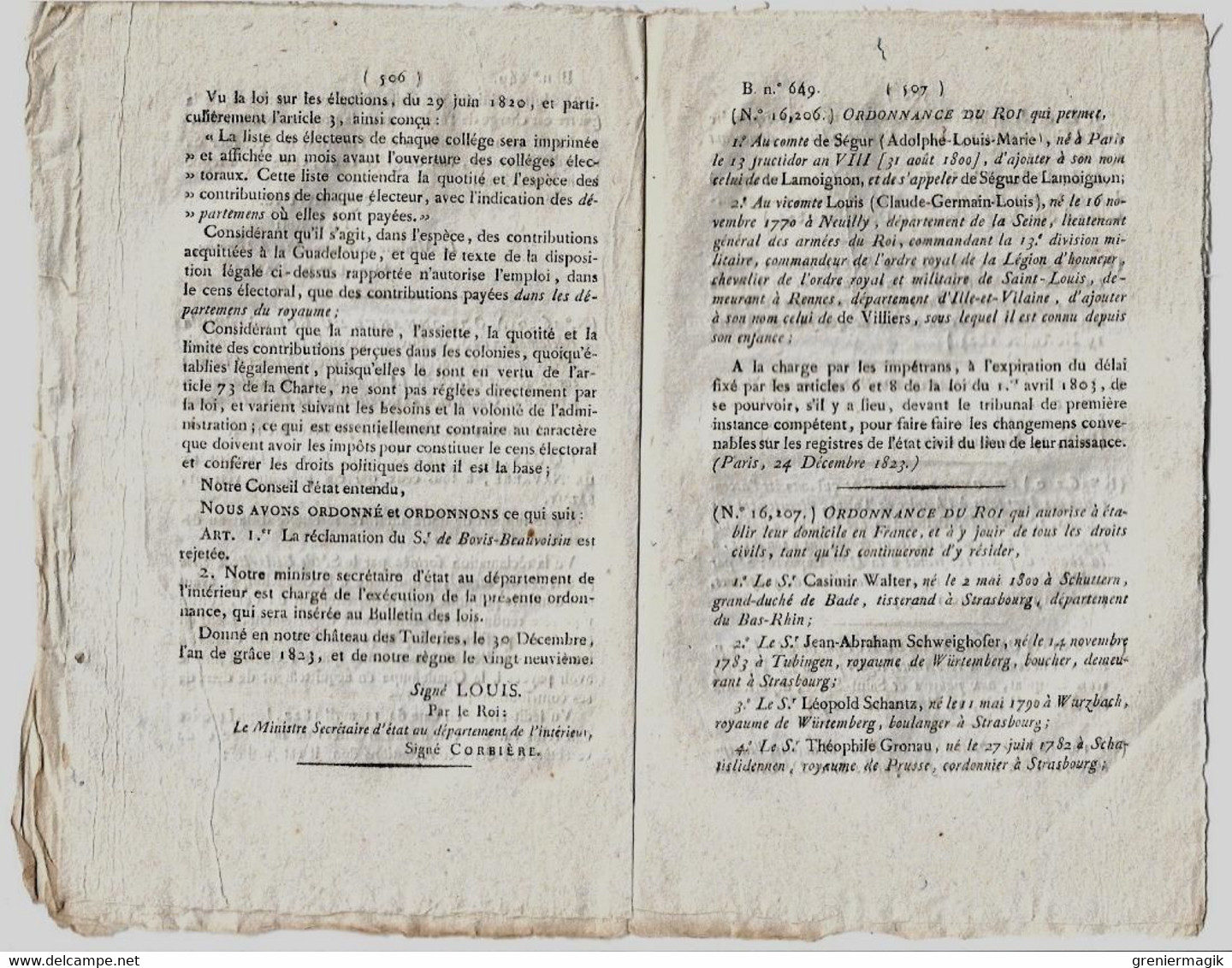 Bulletin des Lois N°649 1824 Bovis-Beauvoisin Guadeloupe/Ecole ecclésiastique/Prix poudres/Lambrechts/Roussel d'Hurbal