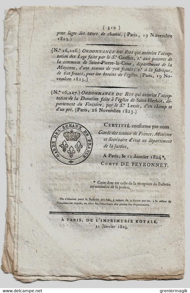 Bulletin des Lois N°649 1824 Bovis-Beauvoisin Guadeloupe/Ecole ecclésiastique/Prix poudres/Lambrechts/Roussel d'Hurbal