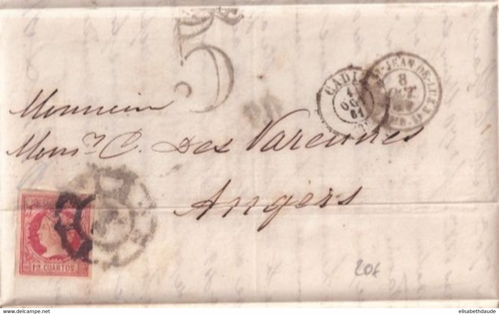 1861 - ESPAGNE - ENTREE AMBULANT D ST JEAN DE LUZ 3 ! - LETTRE De CADIZ DOUBLE TAXE => ANGERS - Marques D'entrées