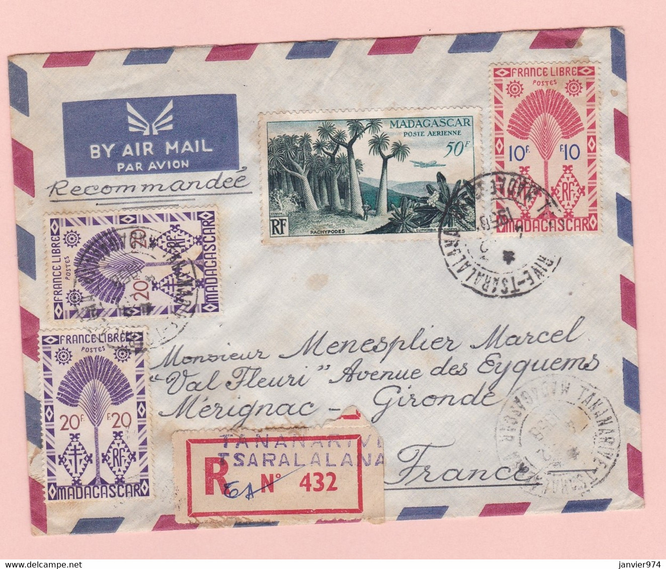 Lettre 1955 Madagascar Tananarive Pour Mérignac Gironde, 9 Timbres . France Libre - Cartas & Documentos