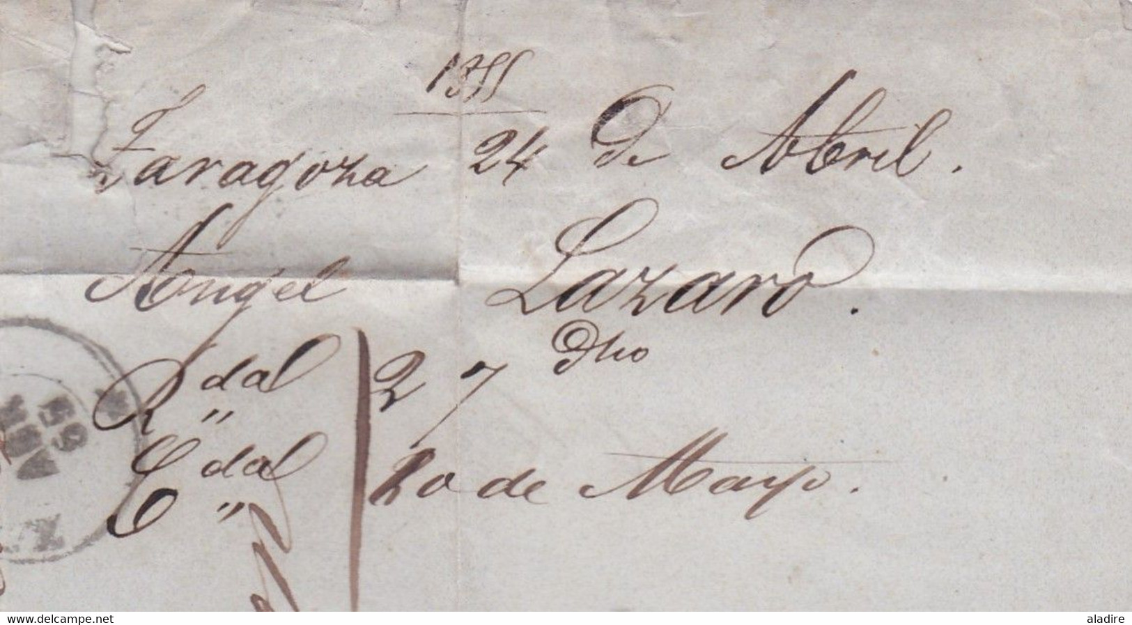 1855 - Lettre pliée avec corresp en espagnol de Zaragoza, Espagne vers Oloron, France - via Jaca - entrée par Oloron