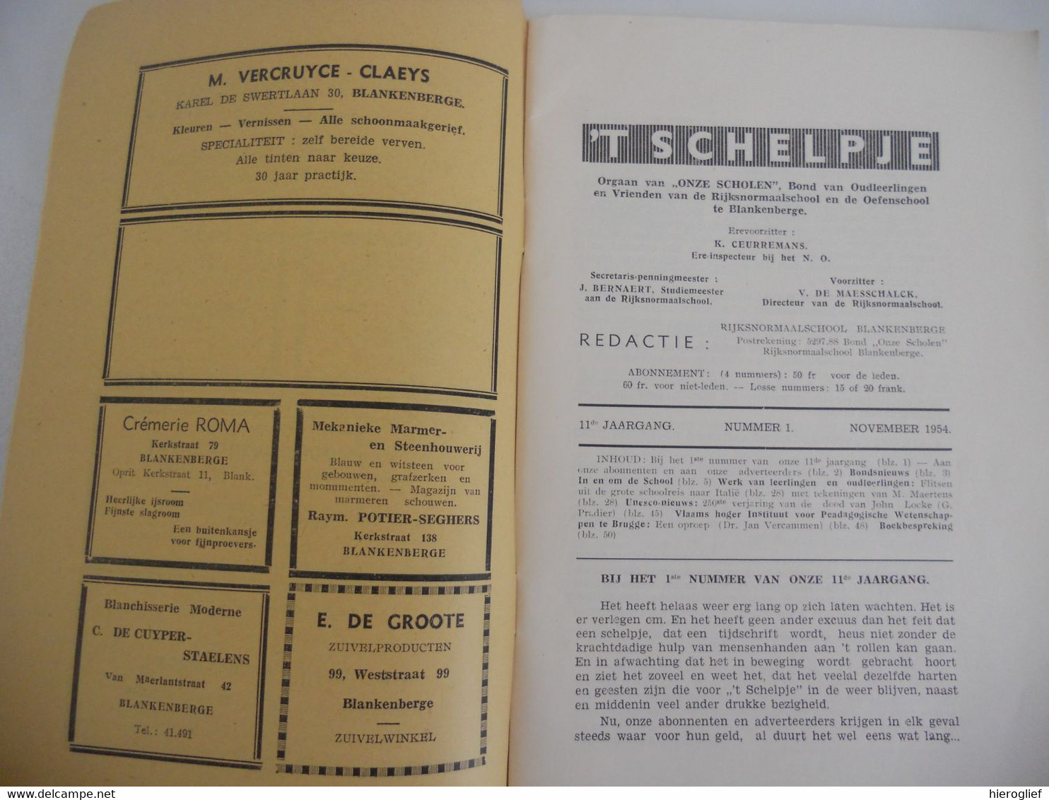 BLANKENBERGE RIJKSNORMAALSCHOOL 't Schelpje 1954 Oefenschool + Publiciteit - Histoire