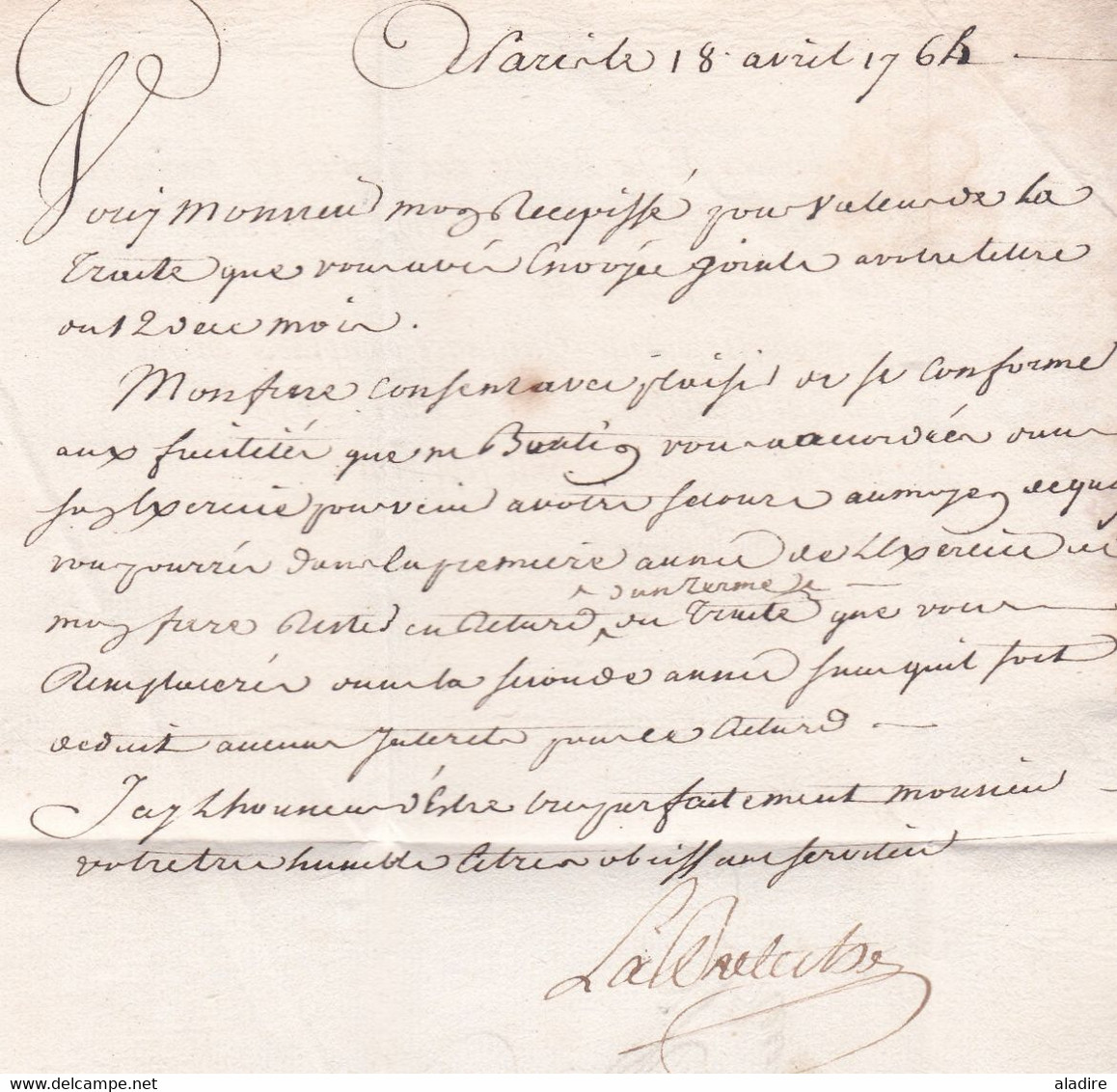 1764 - Lettre pliée avec corresp de Paris en Port Payé vers le Château du Loir , auj. Montval sur Loir, Sarthe