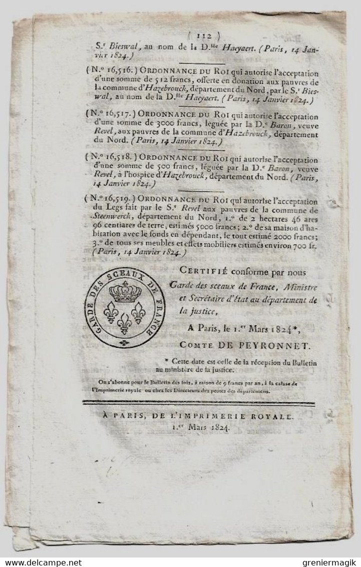 Bulletin Des Lois N°657 1824 Prix Des Grains/Police Du Roulage Indre/Legs Guillerault De Villeroc à Pouilly-sur-Loire/ - Décrets & Lois
