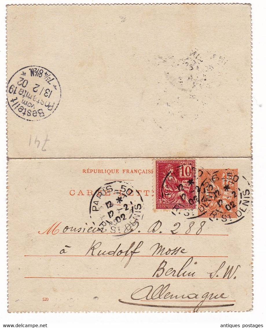 Entier Postal 1902 Paris Rue Saint Denis Type Mouchon Berlin Deutschland - Cartoline-lettere