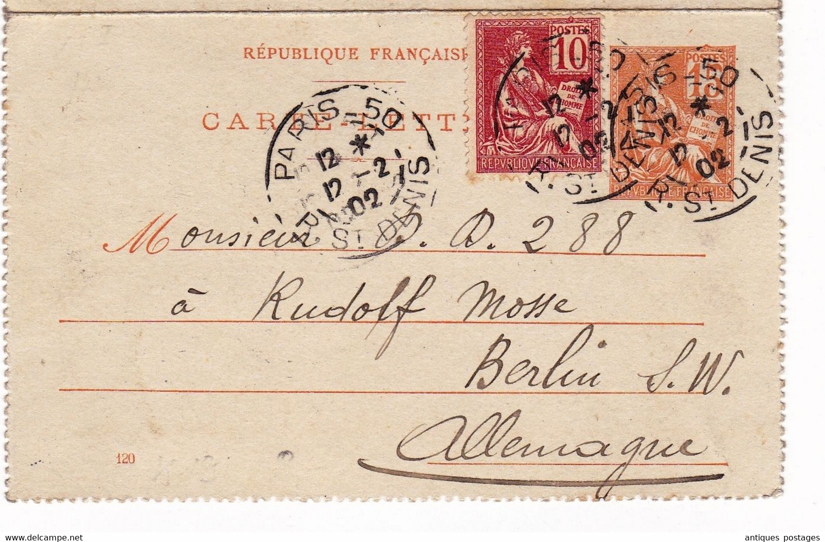 Entier Postal 1902 Paris Rue Saint Denis Type Mouchon Berlin Deutschland - Kaartbrieven