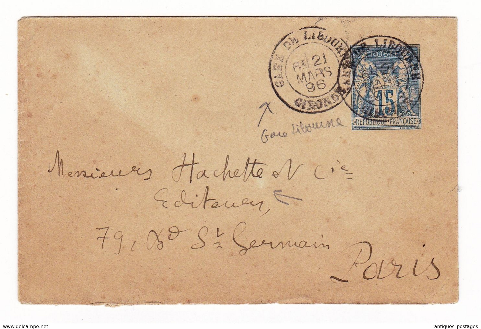 Enveloppe 1896 Entier Postal Type Paix Cachet Gare De Libourne Gironde - Standard Covers & Stamped On Demand (before 1995)