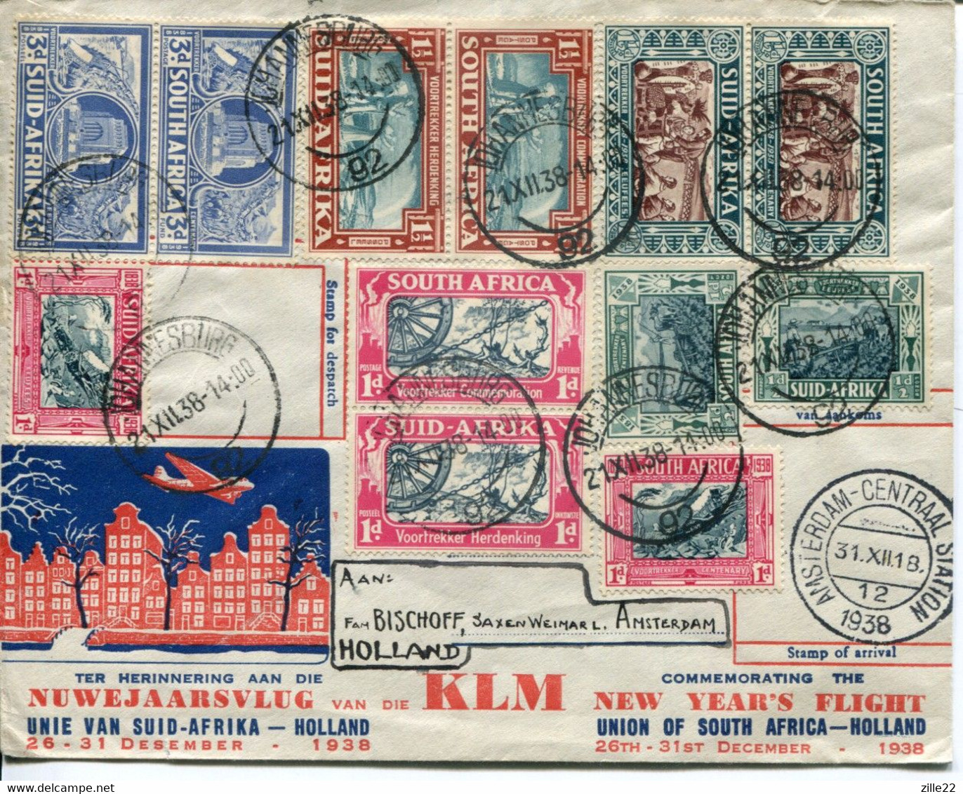 South Africa Südafrika Mi# 119-130 Used On Letter -  Voortrekker Monument Memorial Fundraising - KLM New Years Flight - FDC