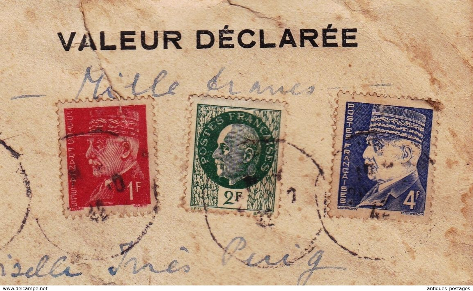 Valeur Déclarée Recommandée 1942 Pétain Chargé Paris Pour Libourne Gironde Cachets De Cire Mirabaud & Cie - 1941-42 Pétain