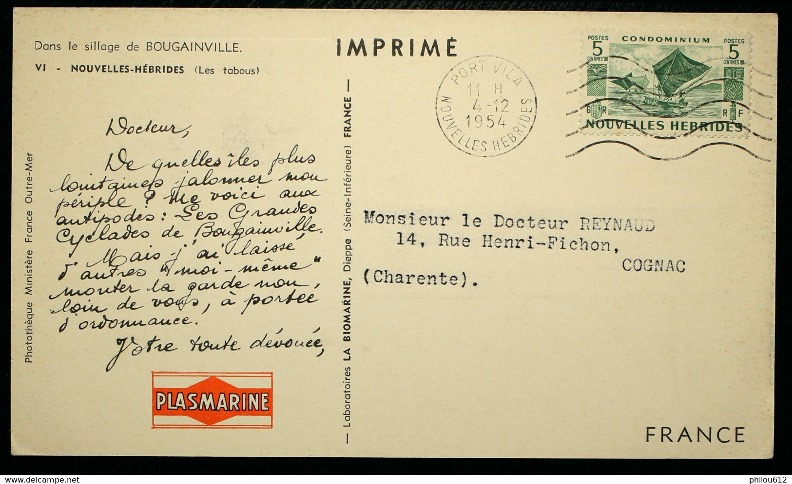 Nouvelles Hébrides - Carte Imprimée Plasmarine De Port Vila - 1954 - Briefe U. Dokumente