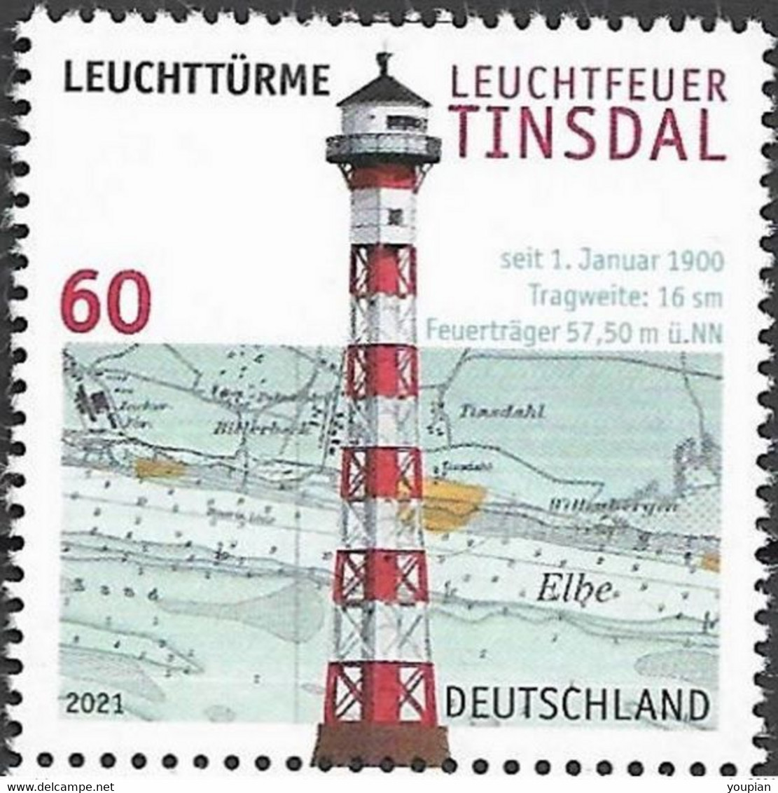 Germany 2021, Lighthouse Leuchtfeuer Tinsdal, MNH Single Stamp - Unused Stamps