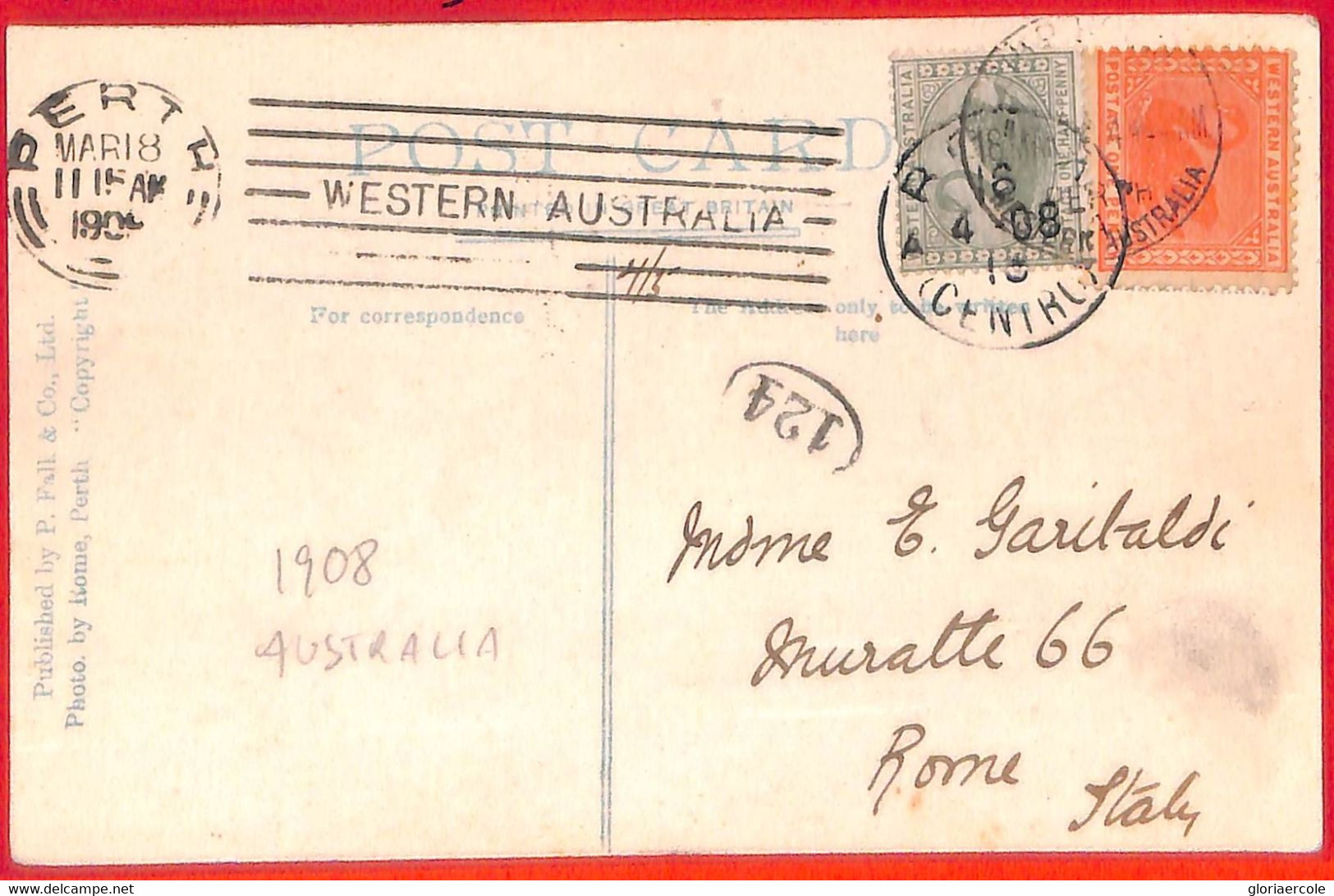 Aa3705 - WESTERN AUSTRALIA  - Postal History - POSTCARD From PERTH To ITALY 1908 - Cartas & Documentos