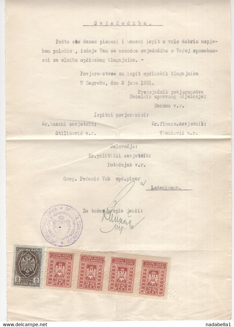 1931 YUGOSLAVIA, CROATIA, CRIKVENICA,4 X 25 PARA SAVSKA BANOVINA REVENUE STAMP,STATE REVENUE,EXAM CERTIFICATE - Autres & Non Classés