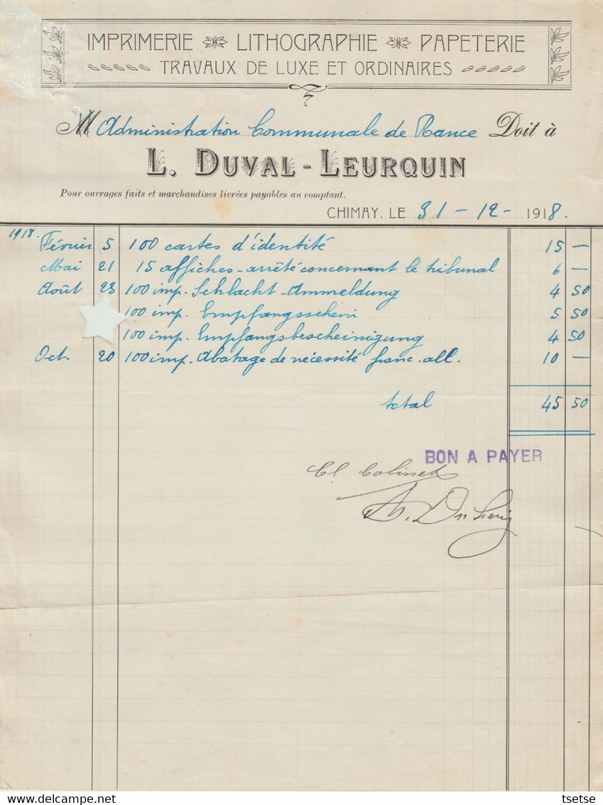 Facture - L. Duval-Leurquin - Imprimerie-Lithographie-Papeterie - Chimay - 1918 ( 1 ) - Artigianato