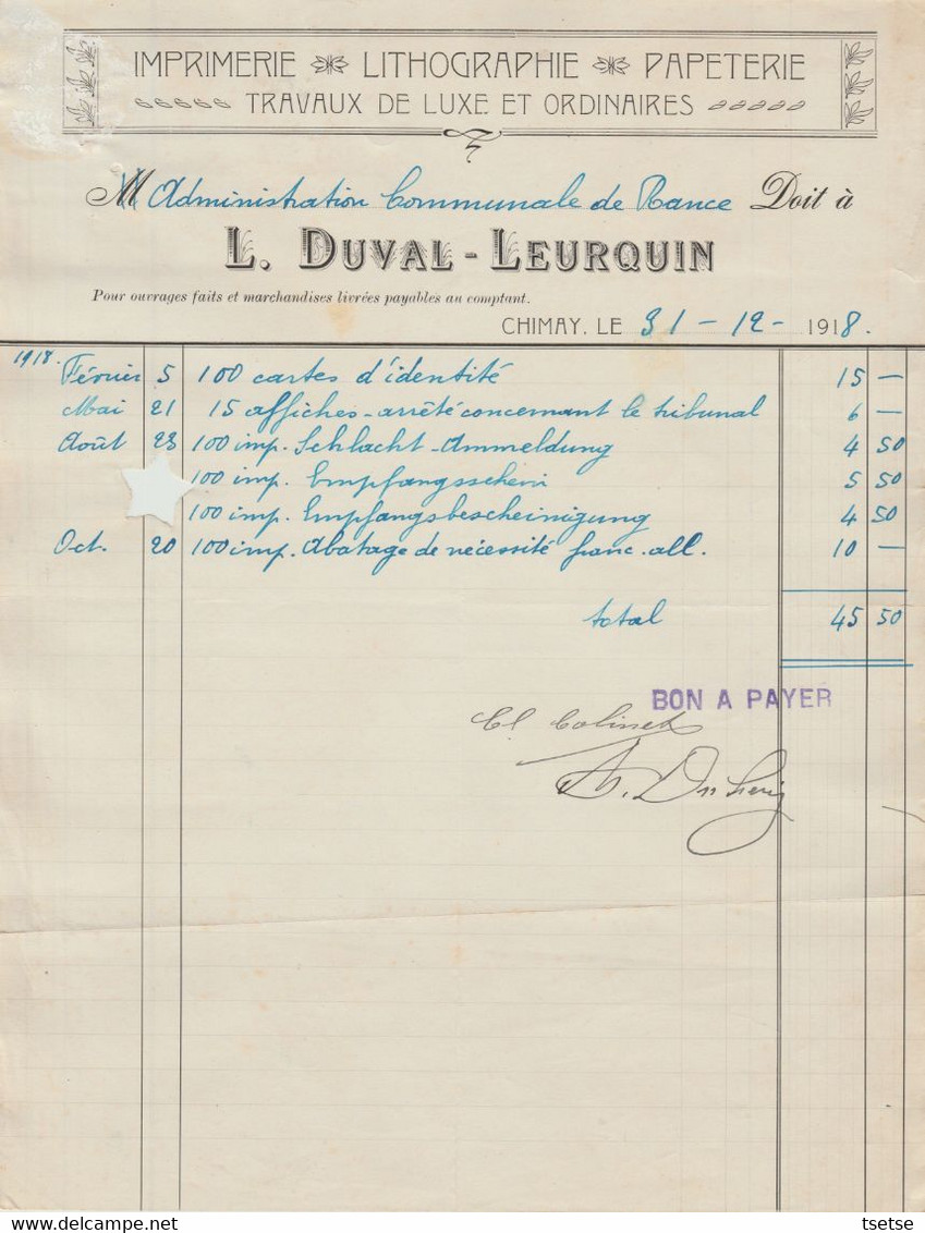 Facture - L. Duval-Leurquin - Imprimerie-Lithographie-Papeterie - Chimay - 1918 ( 1 ) - Petits Métiers