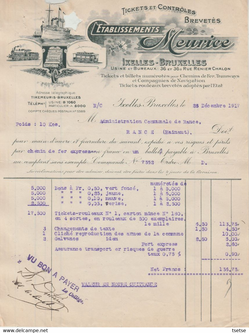 Facture Art Déco - Etablissement Meurice - Ticket Et Billets ... Voyages  - Ixelles-Bruxelles - 1917 ( 5 ) - Artesanos