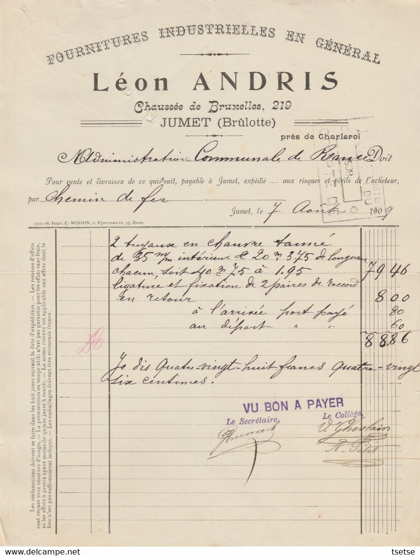 Facture - Léon Andris - Fournitures Industrielles - Jumet ( Brûlotte ) - 1909 ( 7 ) - Ambachten