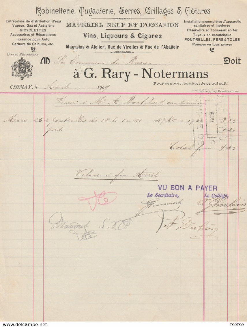 Facture - G. Rary-Notermans - Robinetterie- Tuyauterie ... - Chimay - 1909 ( 8 ) - Straßenhandel Und Kleingewerbe