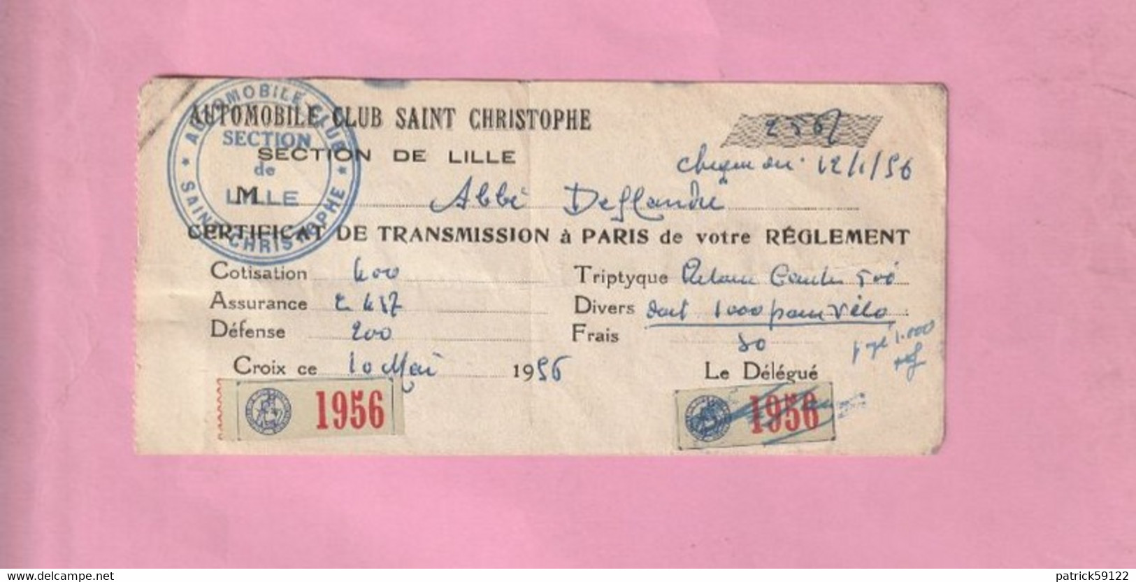 CERTIFICAT DE REGLEMENT : AUTOMOBILE CLUB SAINT CHRISTOPHE - LILLE - 1956 - Auto's