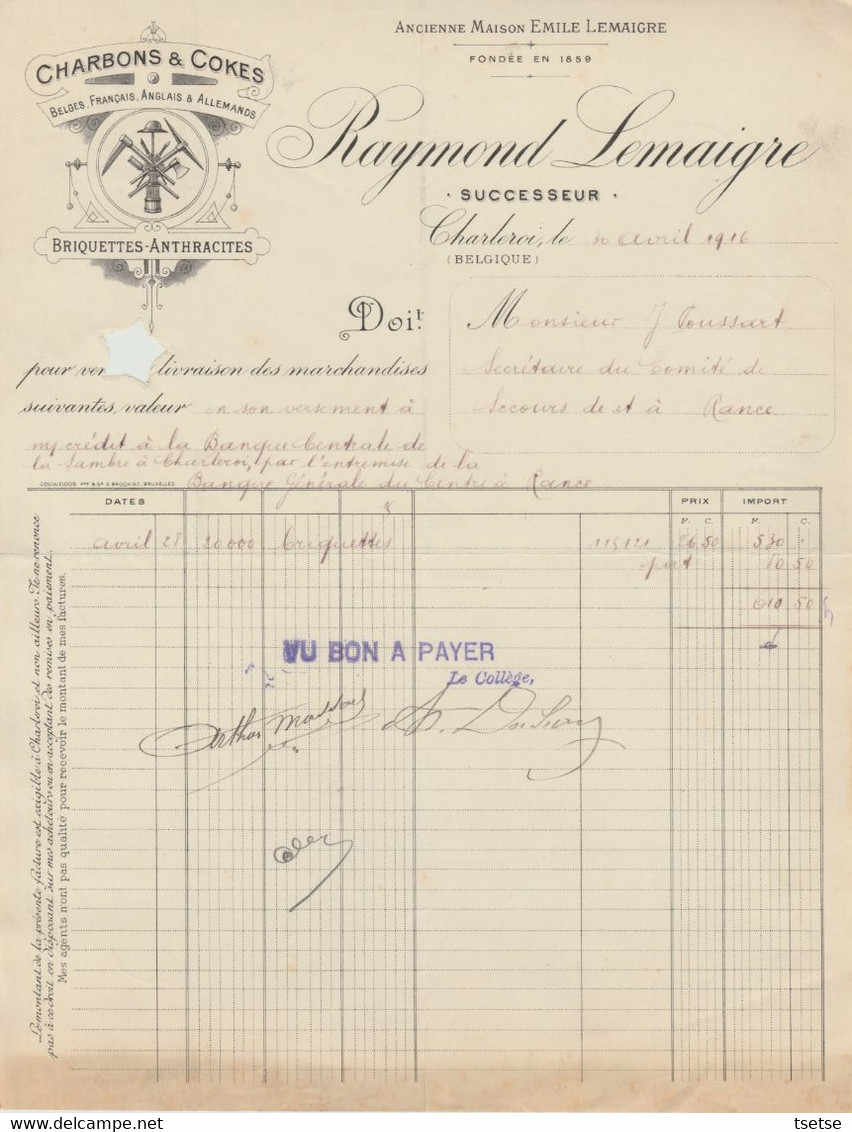 Facture - Raymond Lemaigre - Charbon & Coke - Charleroi - 1916 ( 17 ) - Straßenhandel Und Kleingewerbe