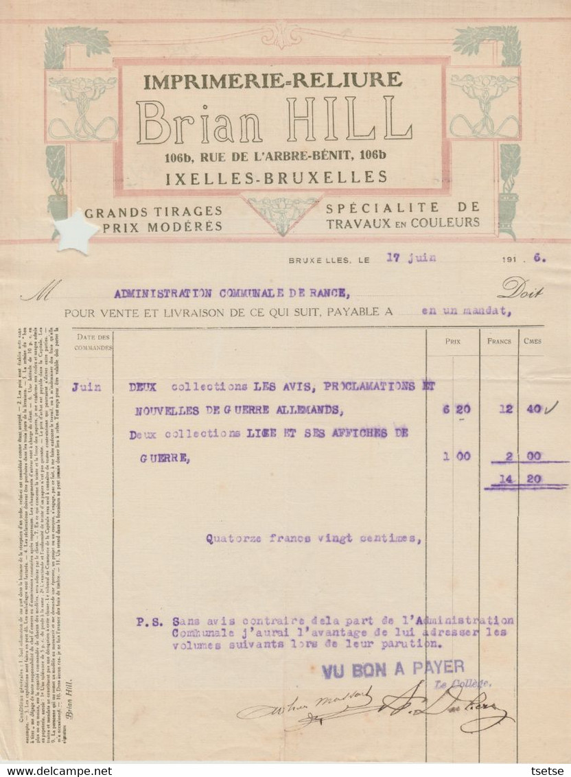 Facture - Brian Hill - Imprimerie-Reliure - Ixelles -Bruxelles - 1916 ( 18 ) - Straßenhandel Und Kleingewerbe