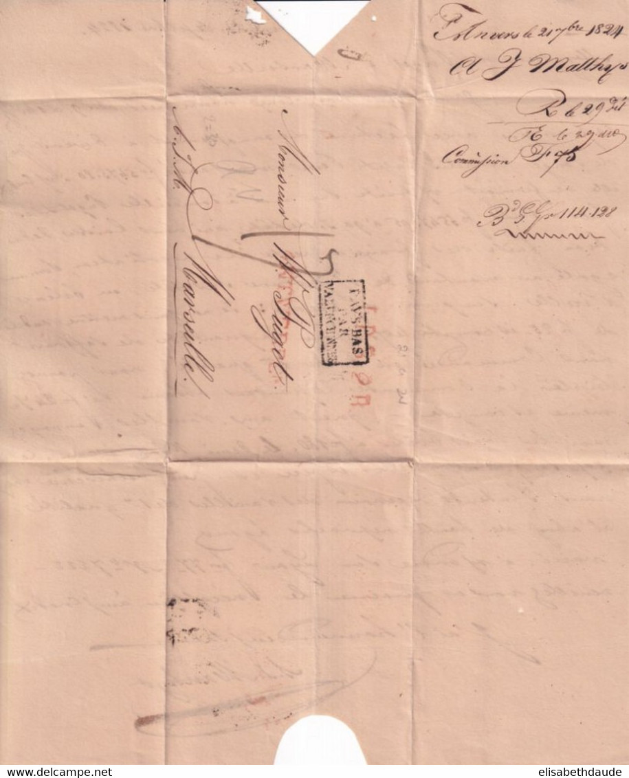 1824 - BELGIQUE - ENTREE PAYS-BAS Par VALENCIENNES - LETTRE De ANVERS MARQUE LINEAIRE "ANTWERPEN" => MARSEILLE - Entry Postmarks