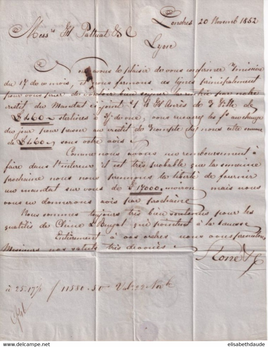 1852 - GB - ENTREE ANGLETERRE Par BUREAU AMBULANT (AM.1) CALAIS 2 - LETTRE SUP ! De LONDRES => LYON - Marques D'entrées