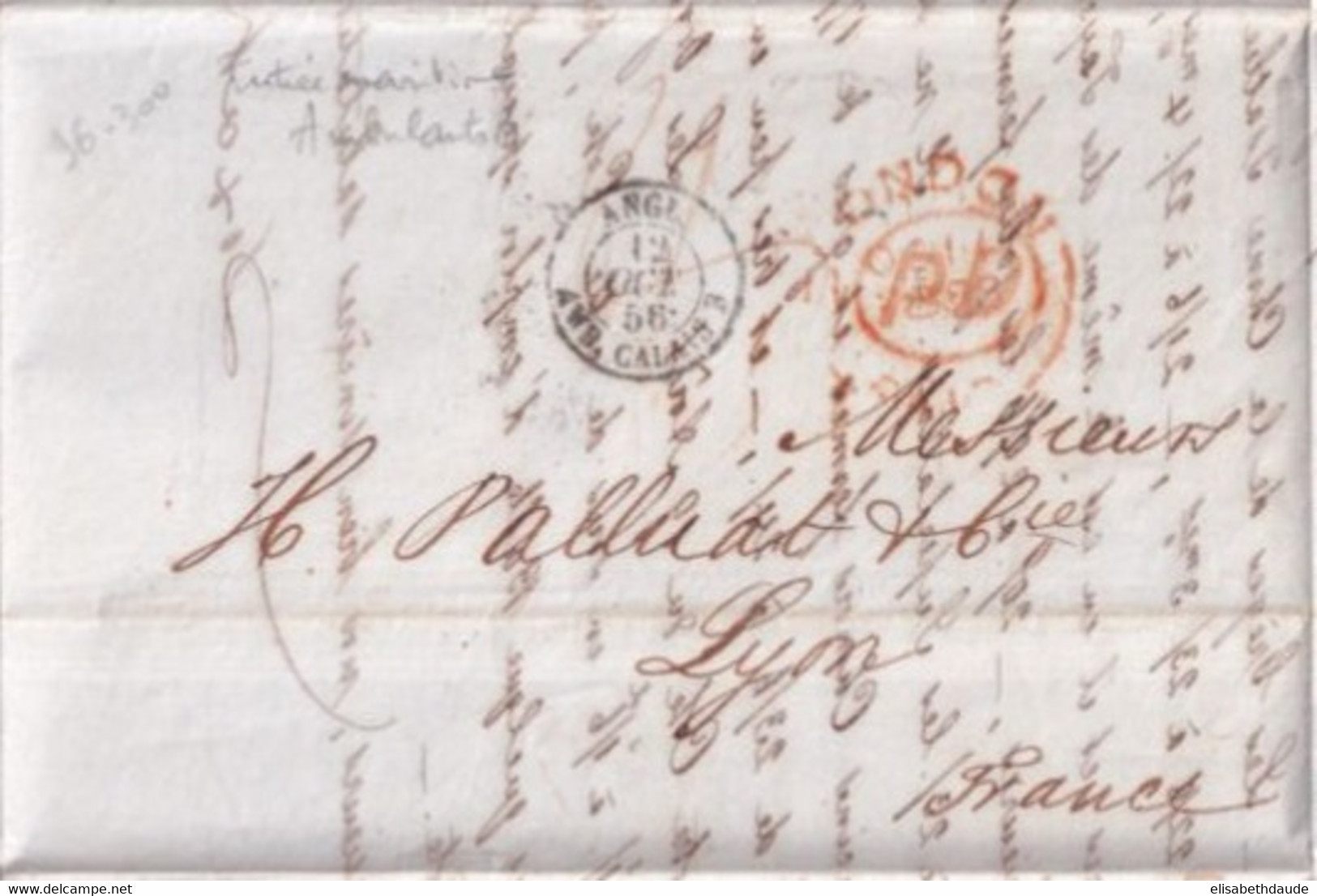 1856 - GB - ENTREE ANGLETERRE Par BUREAU AMBULANT CALAIS B - LETTRE PORT PAYE De LONDRES => LYON - Entry Postmarks