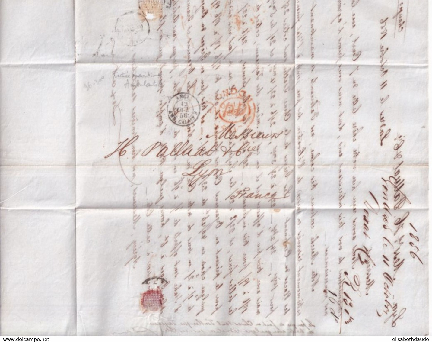 1856 - GB - ENTREE ANGLETERRE Par BUREAU AMBULANT CALAIS B - LETTRE PORT PAYE De LONDRES => LYON - Entry Postmarks