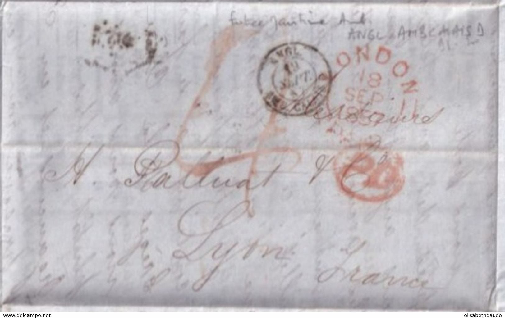 1857 - GB - ENTREE ANGLETERRE Par BUREAU AMBULANT CALAIS D - LETTRE PORT PAYE De LONDRES => LYON - Marques D'entrées